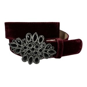 Chicos Velvet Stone Embellished Belt Medium Burgundy Black Rhinestone Jeweled